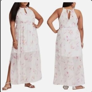 Torrid White Palm Leaf Chiffon Maxi Dress | Tropical Pink Print Flowing